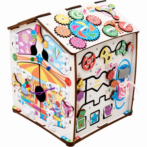 Бизиборд домик развивающий Смайлики на аттракционе со светом