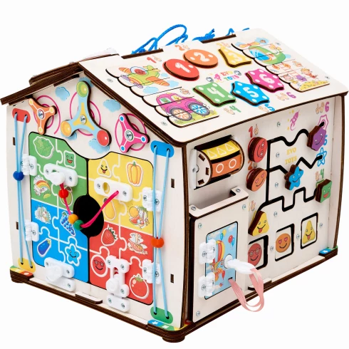 Бизиборд домик Смайлики на паровозике 29х35 см со светом