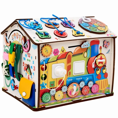 Бизиборд домик Смайлики на паровозике 29х35 см со светом